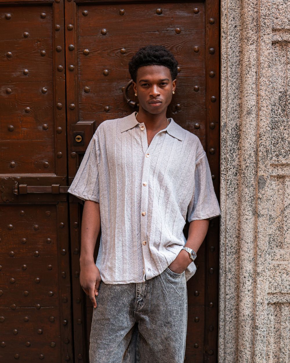 Short -sleeved textured shirt gray - Image 2